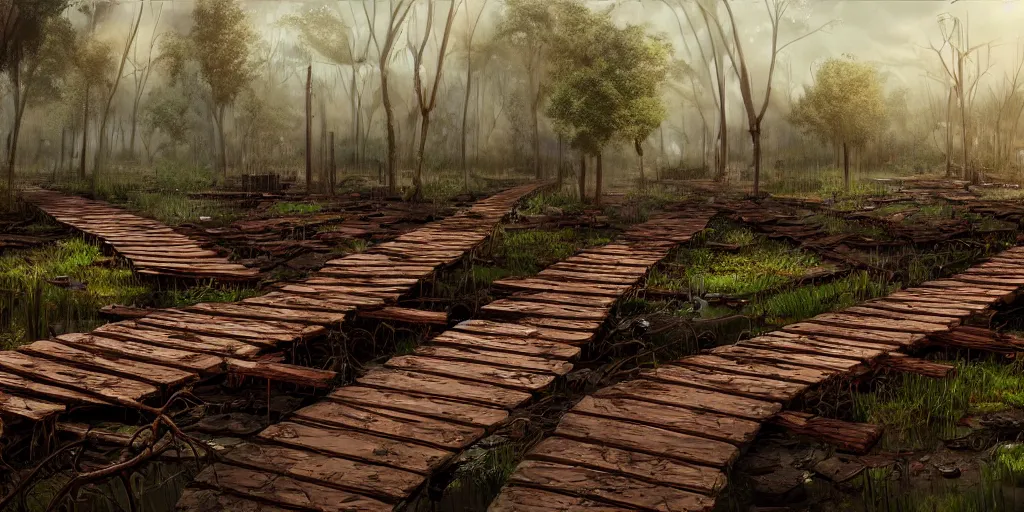 Image similar to A wooden walkway winding through a muddy swamp littered with rusted sumberged cars and vegetation covered construction equipment,, game art matte painting hyperdetailed, artstation, cgsociety, 8k, surreal dream landscape