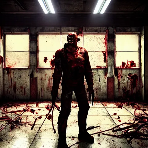 Image similar to fallout 5, butcher angry bloody horror zombie, portrait, indoors dilapidated supermarket interior, atmospheric lighting, intricate, volumetric lighting, grimdark, daytime, sharp focus, deep colours, ultra intricate detailed, octane render, unreal engine, by leesha hannigan, ross tran, thierry doizon, kai carpenter, ignacio fernandez rios