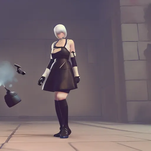 Image similar to 2B nier automata in team fortress 2, detailed, artstation, concept art, Unreal Engine 5, gameplay screenshot, 8K