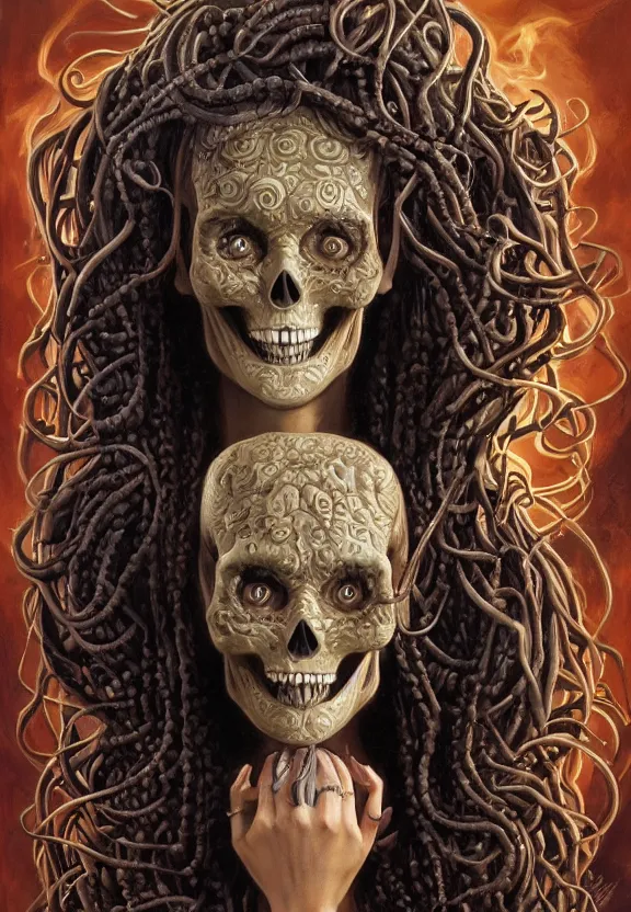 Prompt: perfectly centered portrait, front view of a beautiful biomechanical medusa skull, female, flowing hair, intense stare, sarcastic smile, symmetrical, concept art, intricate detail, volumetric shadows and lighting, realistic oil painting by tim hildebrandt,