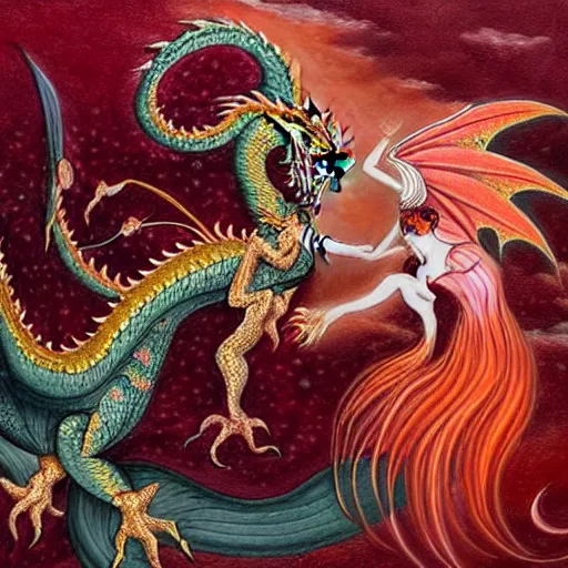 Prompt: miniature painting of a dragon fighting a woman, red+velvet+pink+orange+white colors, by Mahmoud Farshchian, intricate, insane detailed, very detailed