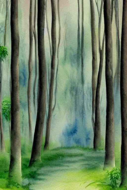 Prompt: landscape background image, forest, watercolor, muted colors, wallpaper