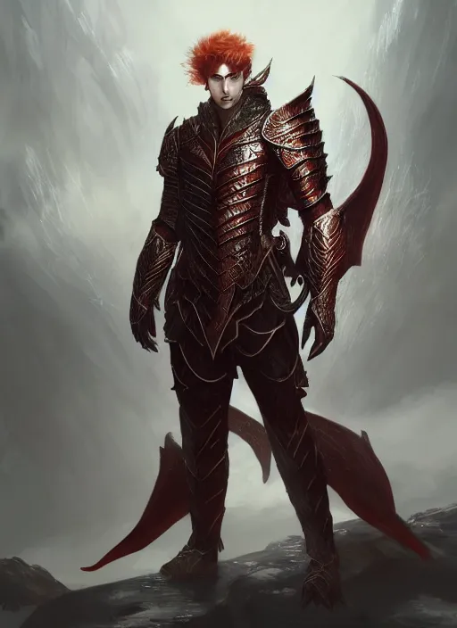 Image similar to Half-body portrait a handsome elven red-head prince in a dragon scale armour. In style of Hyung-tae Kim and Greg Rutkowski, concept art, trending on ArtStation, Korean MMORPG, over-detailed art, 8K, epic, dynamic lightning, dramatic pose.