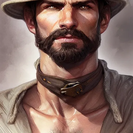 Image similar to Portrait of rugged male ranger, D&D, muscular, fantasy, intricate, elegant, highly detailed, digital painting, artstation, concept art, smooth, sharp focus, illustration, art by artgerm and greg rutkowski and alphonse mucha