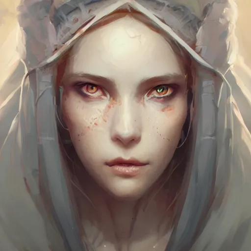 Prompt: a portrait of a beautiful lady with adorable eyes, praying, light smiling, art of wlop and greg rutkowski, epic fantasy art, bright light masterpiece, ray of light through white hair