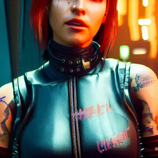 Prompt: female V from Cyberpunk 2077 wearing spiked choker, collar, choker, punk, collar, 4K, realistic, futuristic, collar, choker, spiked collar,