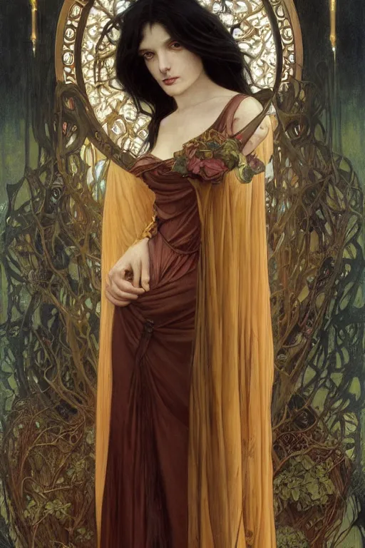 Image similar to masterpiece painting of ephemeral vampire raven haired girl by donato giancola, darius zawadzki and tom bagshaw, face by artgerm and edmund leighton, alphonse mucha, background by james jean and gustav klimt, 8 k, horror, dark color palette, volumetric lighting, porcelain skin, french nouveau, trending on pixiv