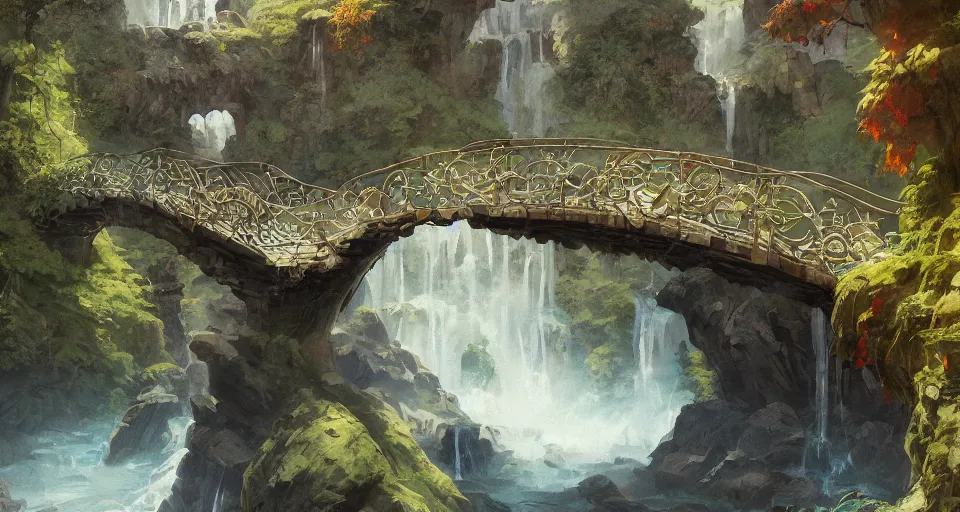 Image similar to A beautiful digital painting stone footbridge, waterfall, lovely valley by Stanley Artgerm Lau, frank frazetta, Rossdraws, James Jean, gerald brom, Andrei Riabovitchev, Marc Simonetti, and Sakimichan, trending on artstation