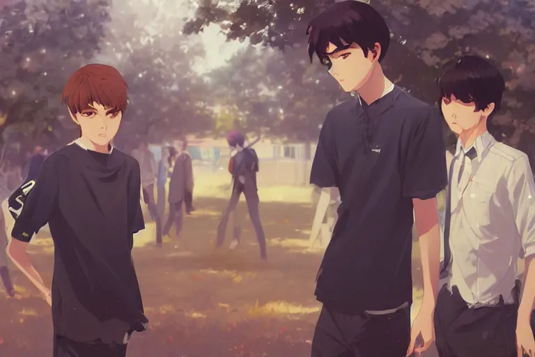 Image similar to boy's love anime high school scene spring setting, noon time, high detail concept art, perfect proportions tall handsome young men, realistic shaded lighting poster ilya kuvshinov, katsuhiro, jeremy lipkin and michael germash, makoto shinkai, loish and clamp style, trending on art station, best selling artist