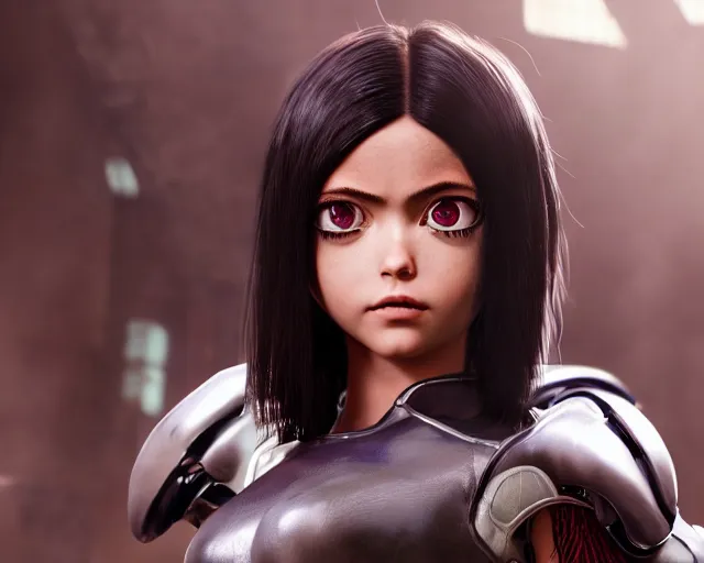 Image similar to battle angel alita, photorealistic, beautiful portrait, lifelike, octane engine, cinematic lighting, high detail, high resolution