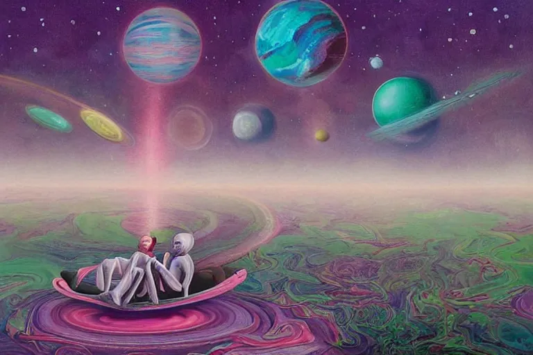 Image similar to surreal painting by chesley bonestelll!!, twelve an astronaut sitting near a river + psychedelic vegetation + purple, pink, blue + planets and stars + mystic fog, 5 0's vintage sci - fi style, rule of third!!!!, line art, 8 k, super detailed, high quality