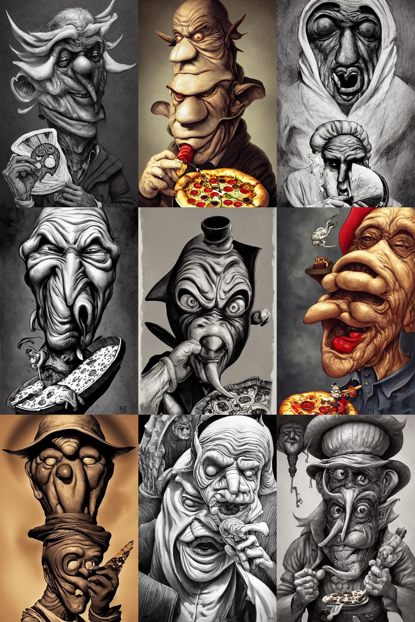 Prompt: wrinkled! old man with long nose wearing pulcinella mask, with a pizza! margherita di napoli, menacing appearance, dramatic backlight, closeup, ultrafine detailed painting by joe fenton, trending on deviantart, masterpiece, very coherent