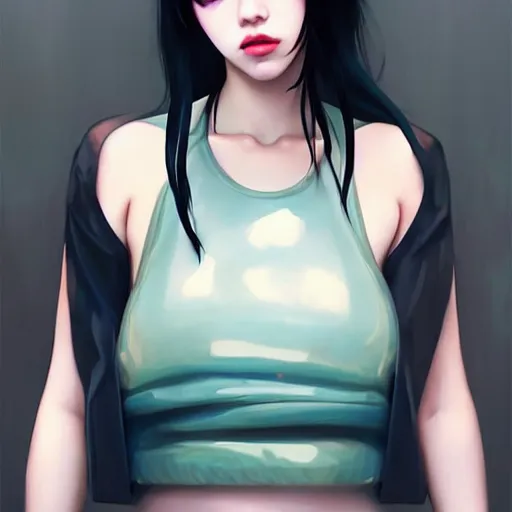 Image similar to a beautiful young japanese billie eilish kat dennings alluring instagram model in elaborate latex tank top, by guweiz and wlop and ilya kuvshinov and artgerm and makoto shinkai and studio ghibli, symmetrical eyes, aesthetic, gorgeous, stunning, alluring, attractive, artstation, deviantart, pinterest, digital art