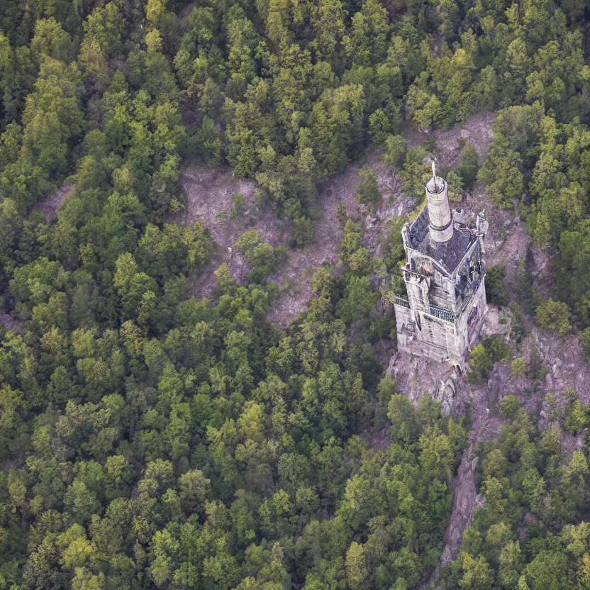 Image similar to aerial view of wizard's tower, photograph, 8 k