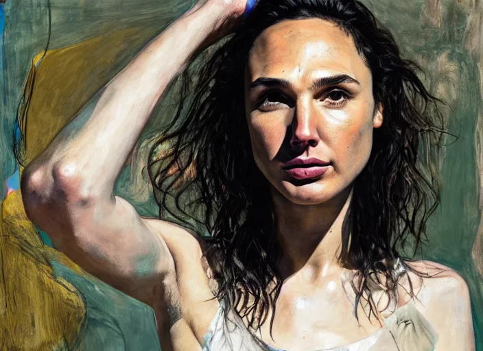 Prompt: portrait of gal gadot crying, by vincent lefevre and hernan bas and pat steir and hilma af klint, psychological, photorealistic, dripping paint, washy brush, rendered in octane, altermodern, masterpiece