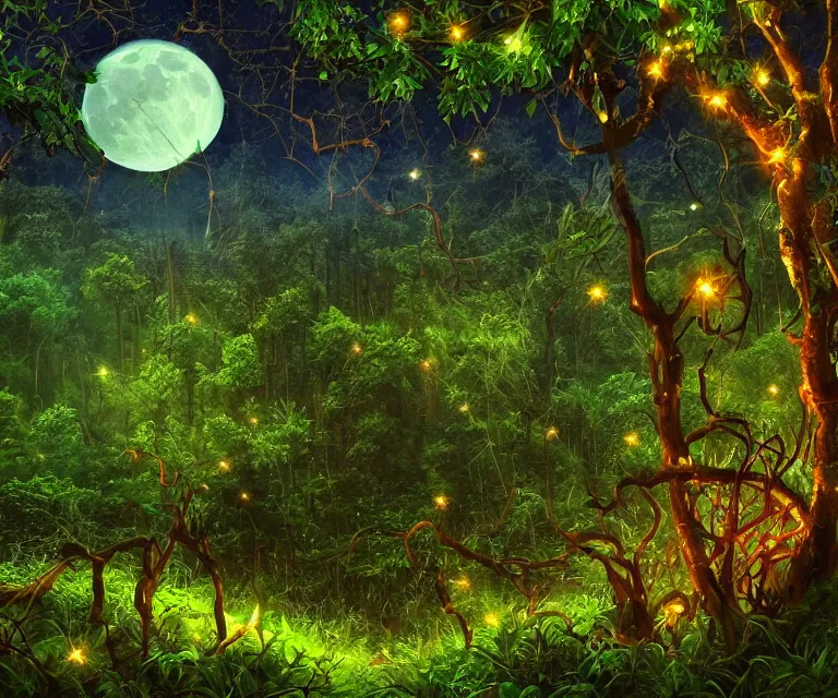 Image similar to a lush dense green forest, colorful glowing vines, wildlife, moon shining, soft tones, night time, highly detailed, 50mm, high fantasy