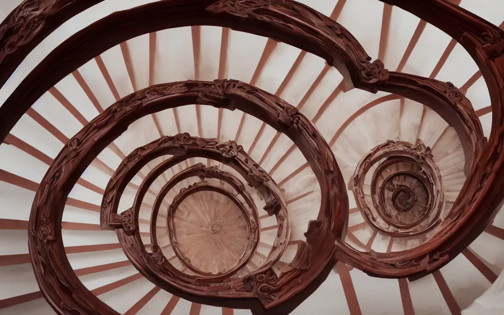 Prompt: 3d rendering of looking directly down a spiral staircase from above with maroon carpet and a wooden handrail, hd, hdr, cinematic 8k, ultra detailed, high resolution