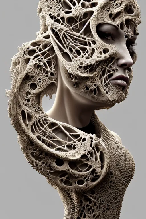 Prompt: carved white marble female biomechanical sculpture, realistic face, persian rug, Mandelbulb 3d fractal, trending on artstation, subtle gold accents, beautifully lit, by zdzislaw beksinski, tsutomu nihei, peter mohrbacher, hyper detailed, insane details, intricate, elite, ornate, elegant, luxury, dramatic lighting, cgsociety, hypermaximalist, golden ratio, environmental key art, octane render, weta digital, micro details, structure, ray trace, 4k, epic, masterpiece