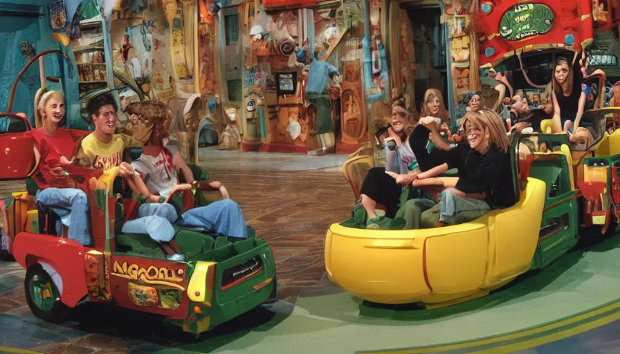 Prompt: 1990s photo of inside the Hey Arnold Ride at Universal Studios in Orlando, Florida, riding through Arnold's neighborhood , cinematic, UHD