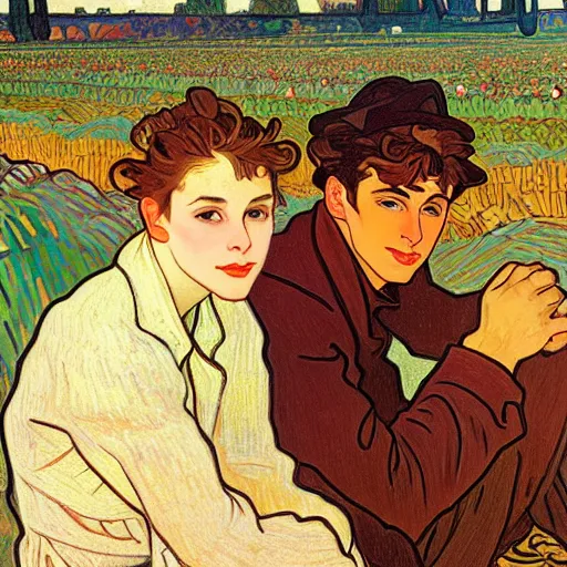 Image similar to painting of handsome young delicate beautiful jeffrey in his 2 0 s with brown hair and gorgeous rina together at the pumpkin patch in october, elegant, clear, painting, stylized, art, art by alphonse mucha, vincent van gogh, egon schiele