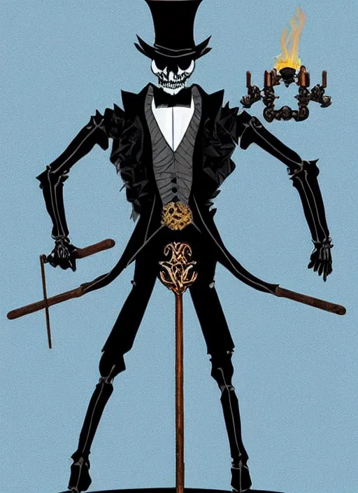 Image similar to DND character concept, skeletal male figure, wearing a deep black suit!!! and tie and top hat, holding a gold! cane!. Surrounded by light blue!!! flames!!