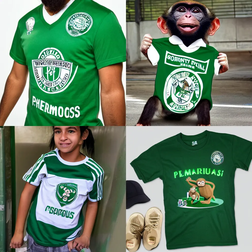 Prompt: a monkey waring a t-shirt of Sociedade Esportiva Palmeiras