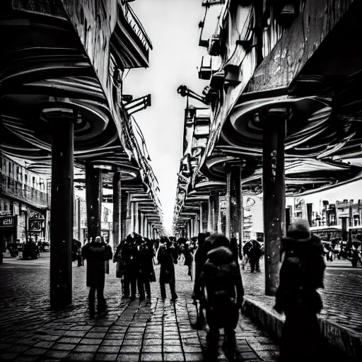 Prompt: Street photo in a crowded city on another planet, Neo Norilsk, Neo Kyiv, sci-fi, fantasy, intricate, very very beautiful, elegant, highly detailed, high contrast, shadows, smooth, photorealistic, cinematic, Unreal Engine 5, sharp focus, trending on Behance