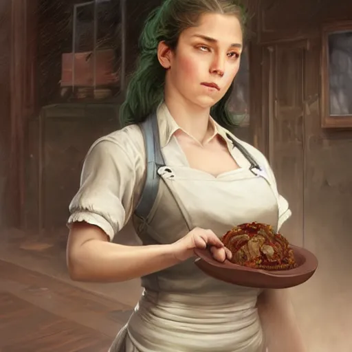 Image similar to epic portrait an muscular waitress wearing short sleeved uniform and carrying food, digital painting, artstation, concept art, soft light, hdri, smooth, sharp focus, illustration, fantasy, intricate, elegant, highly detailed, D&D, matte painting, in the style of Greg Rutkowski and Alphonse Mucha and artemisia, 8k, highly detailed, jurgens, rutkowski, bouguereau, pastoral, rustic, georgic, detailed concept art, illustration, colorful pastel, painting, detail, ultra detailed, digital art, 4K,