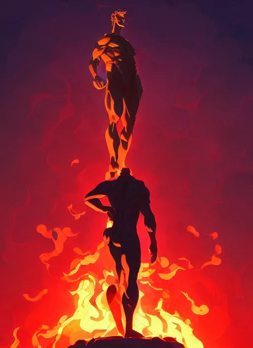 Prompt: statue of the ultimate gigachad standing in a sea of fire, heroic, glorious, in the style of artgerm, gerald brom, atey ghailan and mike mignola, vibrant colors and hard shadows and strong rim light, plain background, comic cover art, trending on artstation
