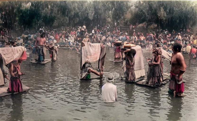 Image similar to a misteriuos colored old film photography of people doing an aztec ritual, xochimilco river, hazy, humid, photorealistic,