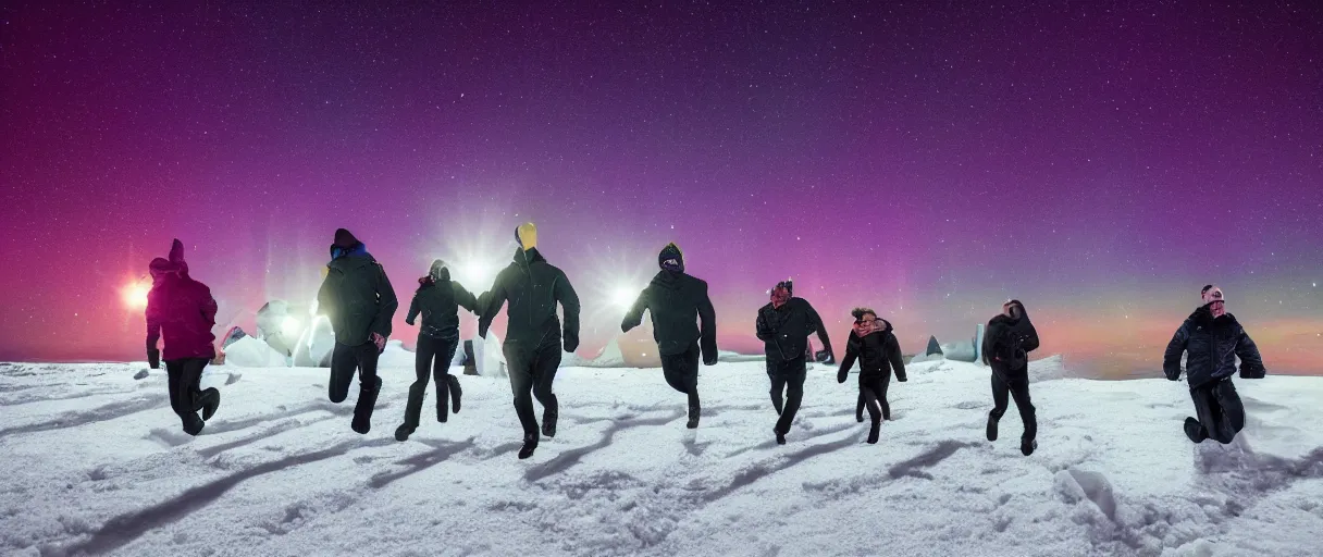 Image similar to a creepy backlit hyper detailed photo realistic vivid close up photograph of a group of six complete people in the snow at night aurora borealis in antarctica running through mcmurdo station base screaming oh my god