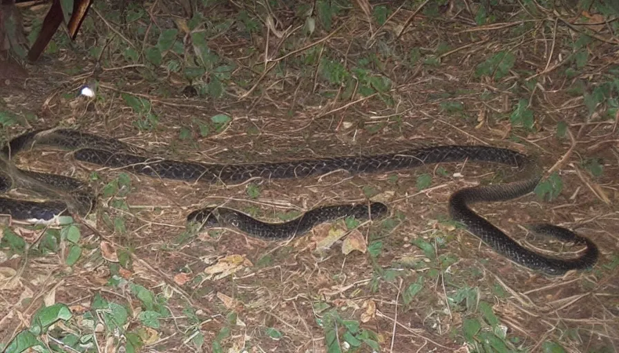 Image similar to several big snakes in a stalinist style kitchen, by mini dv camera, very very low quality, heavy grain, very blurry, accidental flash, webcam footage, found footage, security cam, caught on trail cam