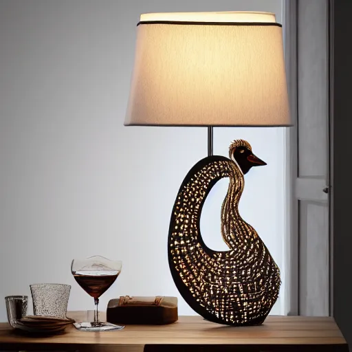 Image similar to luxury table lamp with a swan shape, intricate details, designed by swarovski, advertising photography