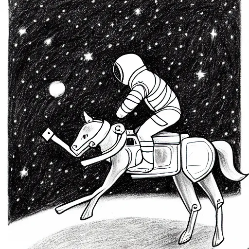 Prompt: Pencil drawing of a spaceman riding a pony at the moon