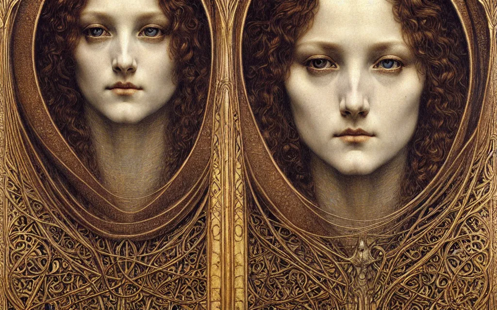 Image similar to detailed realistic beautiful young medieval queen face portrait by jean delville, gustave dore and marco mazzoni, art nouveau, symbolist, visionary, gothic, pre - raphaelite. horizontal symmetry