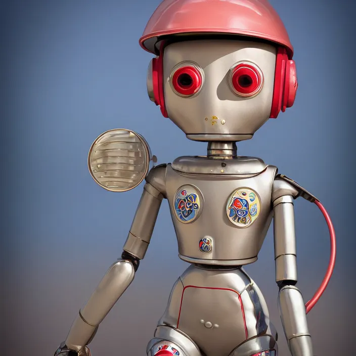 Prompt: portrait of a retro 1 9 5 0 s tin toy robot spacegirl wearing a bikini, depth of field, zeiss lens, detailed, symmetrical, centered, fashion photoshoot, by nicoletta ceccoli, mark ryden, lostfish, breathtaking, 8 k resolution, extremely detailed, beautiful, establishing shot, artistic, hyperrealistic, octane render