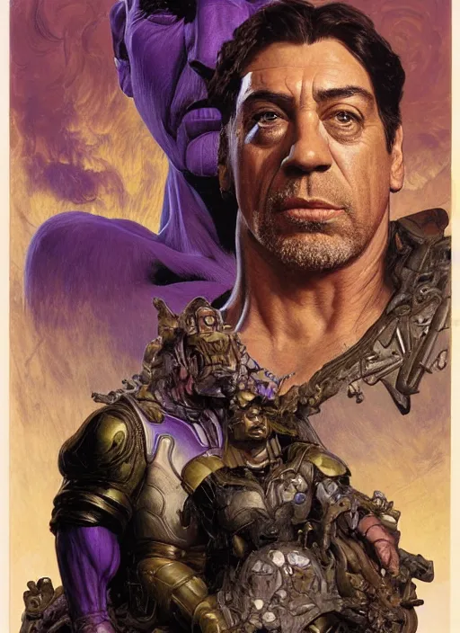 Image similar to upper body and head portrait of javier bardem as thanos, by lawrence alma tadema and zdzislaw beksinski and norman rockwell and jack kirby and tom lovell and greg staples