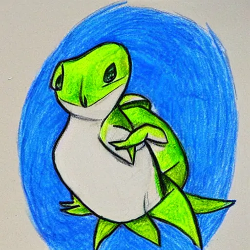 Image similar to a children's drawing of snivy, crayon, paper