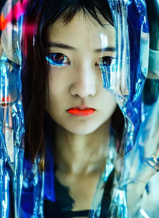 Image similar to a close-up risograph long shot of cyberpunk japanese glossy model girl with black eyes and pretty face wearing lots of transparent cellophane clothes and accessories, blue hour, twilight, cool, portrait, Kodachrome, ISO1200,