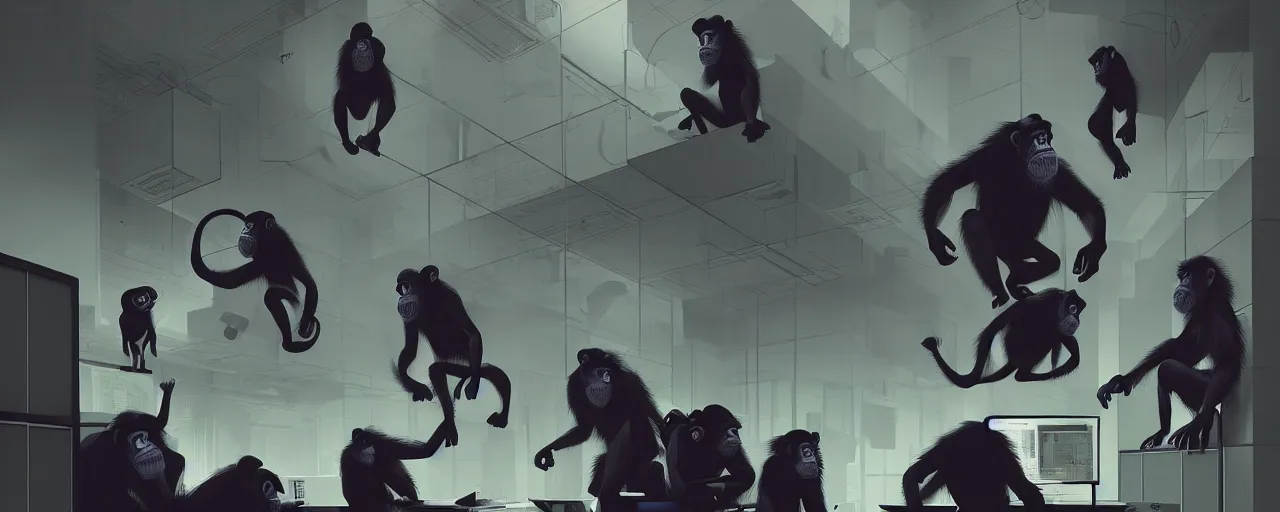 Image similar to duotone noir concept illustration of group wild and crazy chimps ruining inside of modern office computer rooms, octane render, concept hideo kojima surreal atmosphere, volumentric lighting. cosmic horror. accidental renaissance. by sachin teng and sergey kolesov and ruan jia and heng z. graffiti art, scifi, fantasy, hyper detailed. trending on artstation