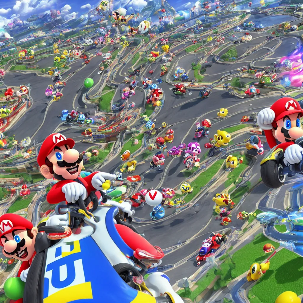 Image similar to mario kart 8 deluxe racing track. made by supercell, disney, pixar.