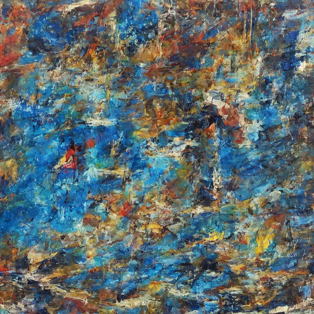 Image similar to a painting of a sailboat floating on a body of water, an abstract painting by ted degrazia, reddit contest winner, lyrical abstraction, mixed media, acrylic art, gold leaf, oil on canvas