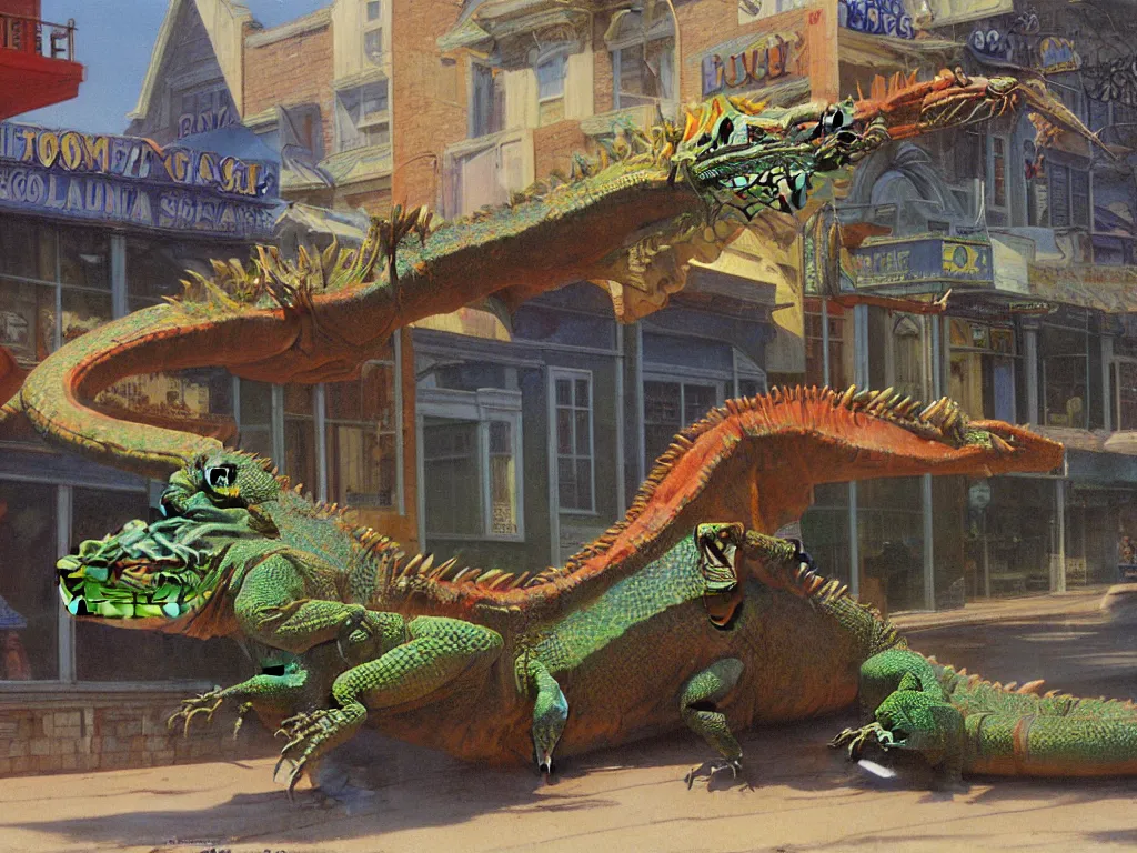 Image similar to Giant Water Dragon Iguana Bot on Main Street in a Small American Town, by Bob Eggleton and Edward Hopper and Alejandro Burdisio