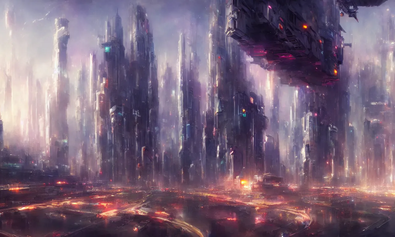 Image similar to futuristic city. by daniel f. gerhartz, hyperrealistic oil painting, 4 k, studio lightning, trending on artstation