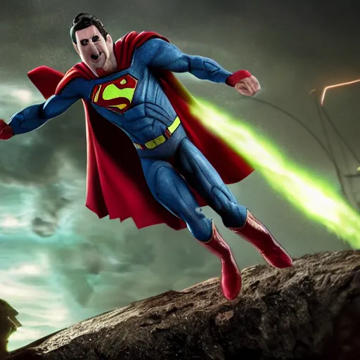 Image similar to pickle rick as superman! flying in ( gears of war ), splash art, movie still, detailed face, photorealistic facial features, cinematic lighting, dramatic, octane render, long lens, shallow depth of field, bokeh, anamorphic lens flare, 8 k, hyper detailed, 3 5 mm film grain
