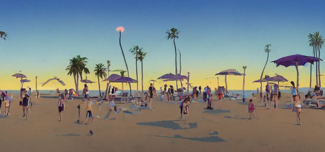 Prompt: futuristic local beach at l. a., beachfront boardwalk, visual development by lou romano, evening at dusk, santa monica state beach