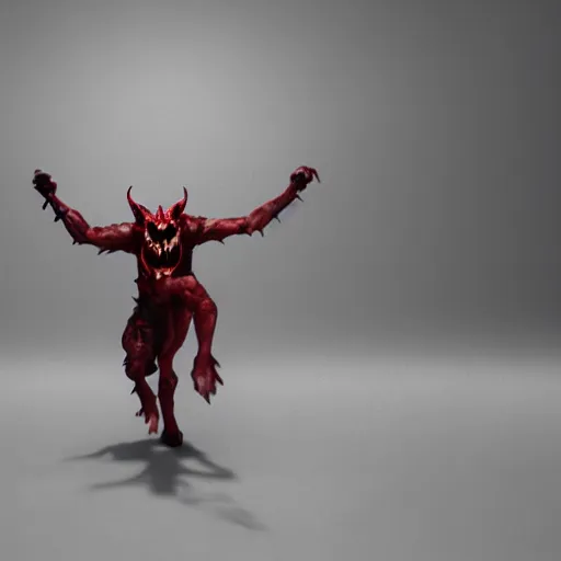 Image similar to demon in the depths of hell, satan smiles, laughter, audible, crimson, demonic, el greco, 3 - d render, unreal engine 4