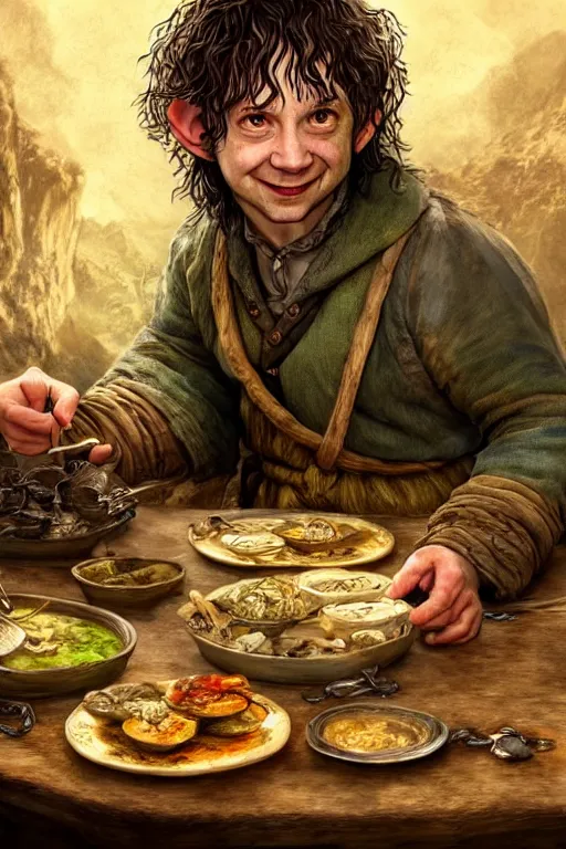 Prompt: dirty faced and very happy looking hobbit looking the table full of food, fantasy, intricate, elegant, highly detailed, digital painting, artstation, concept art, addiction, chains, smooth, sharp focus, illustration, art by Ilja Repin