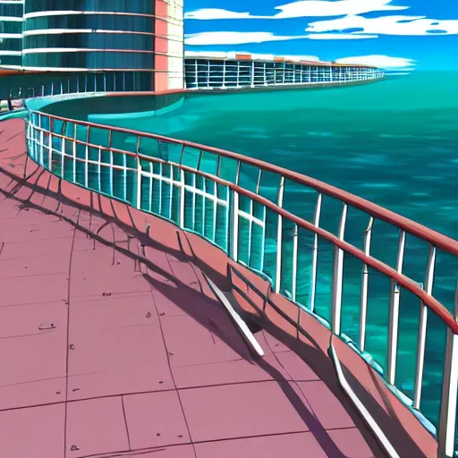 Image similar to oceanfront walkway, futuristic city, colorful city, curved railing, long railing, shining sea, cel - shading, 2 0 0 1 anime, cel - shaded, bright sunshine, jet set radio, mirror's edge, raytracing, toon - shading, strong shadows