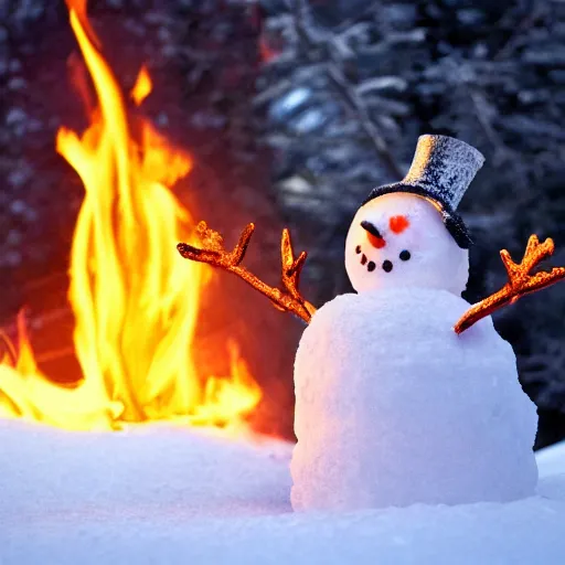 Prompt: Snowman in fire in the snow